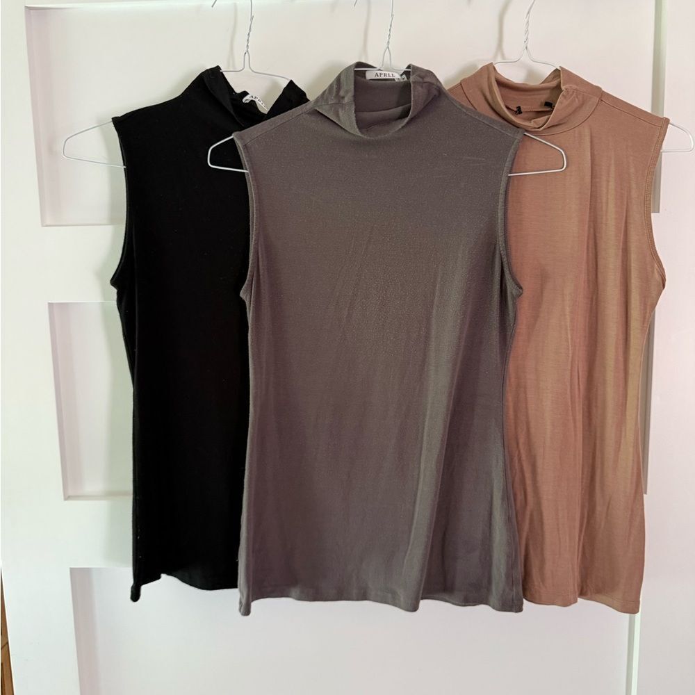 Sleeveless Mock Neck Tops - Black, Gray, and Tan set of 3 Medium